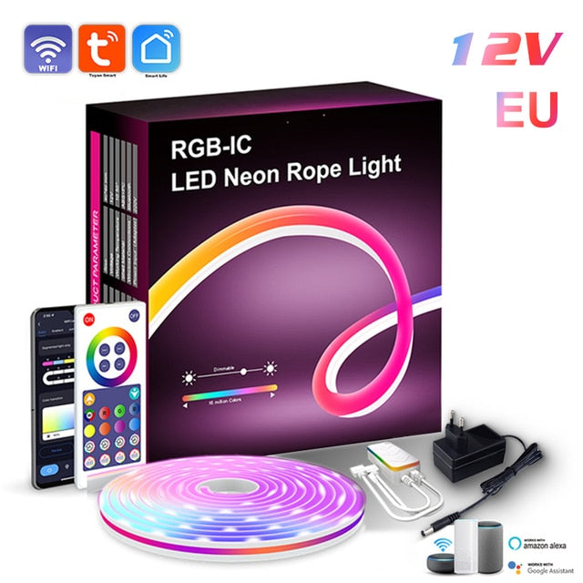 5M Neon Rope Lights with Tuya Smart WiFi RGBIC DIY Strip light Bluetooth APP Control Music Sync Bedroom Backlight Game Decor